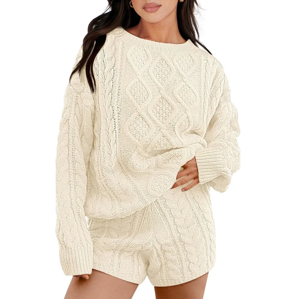 ANRABESS Women's Beige 2 Piece Outfits Sweater Lounge Loungewear Sets 2025 M